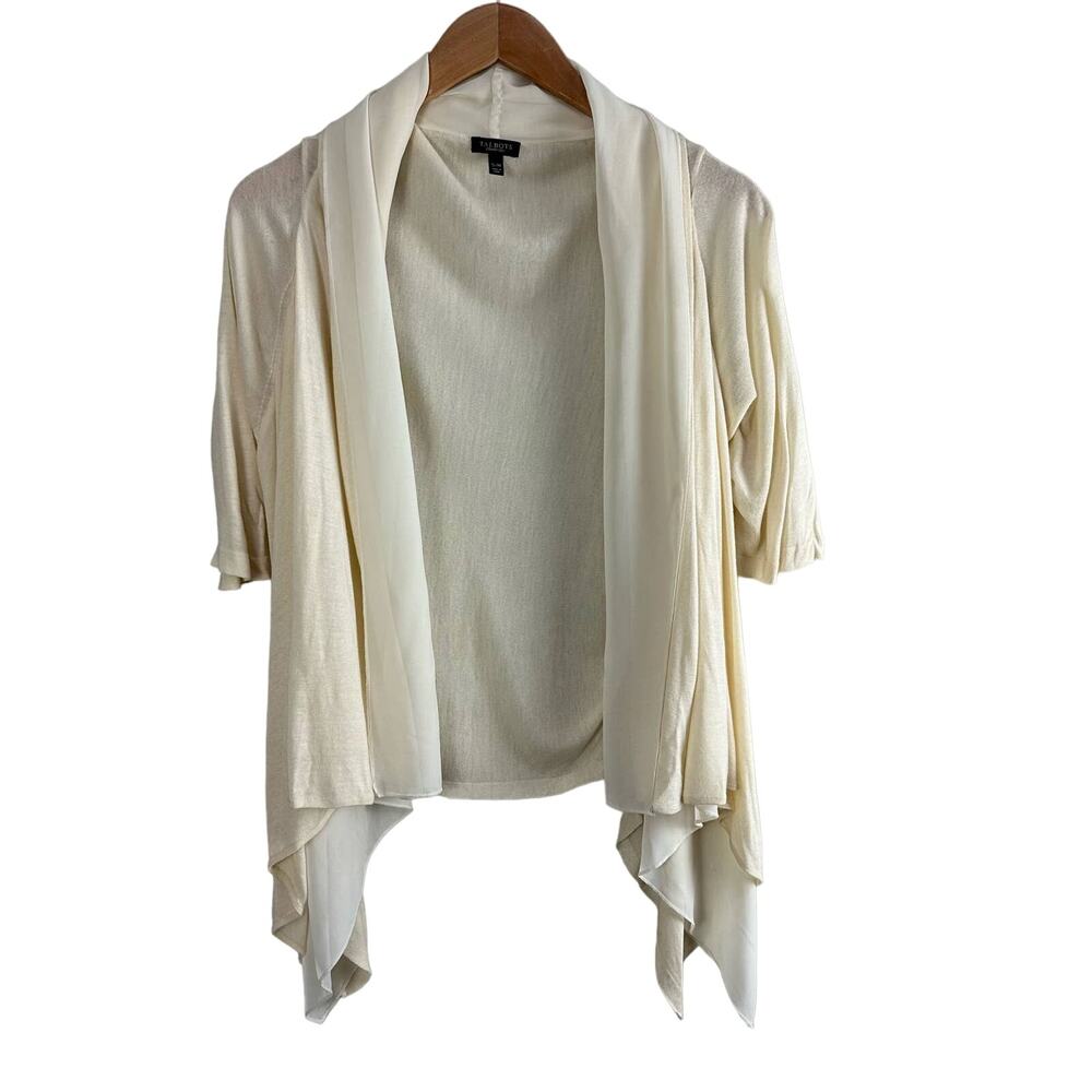 Talbots Ivory Chiffon Layered Short Sleeve Open Front Cardigan Sweater S M
